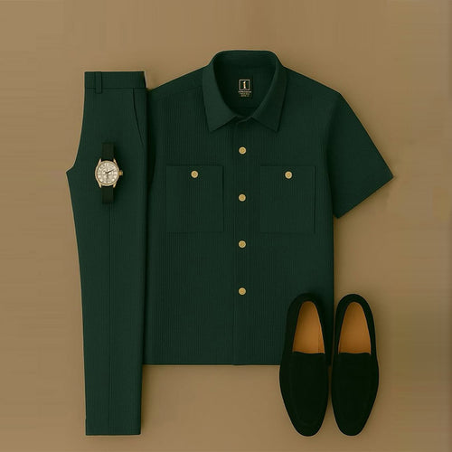 Men's Casual Dark Green Short Sleeved Lapel Collar Shirt & Trousers Two-Piece Set