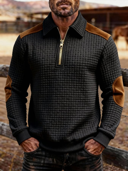 Men's Retro Color Block Print Zipper Sweatshirt
