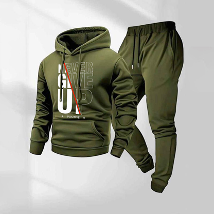 Men's Never Give Up Letter Pattern Print Hoodie and Drawstring Sweatpants Set, Menswear, Casual Athletic Long Sleeve Hooded Jacket & Trousers for Fall & Winter, Men's Clothing for Daily Wear, Sportswear Indoor Outdoor, Tracksuit, Athleisure