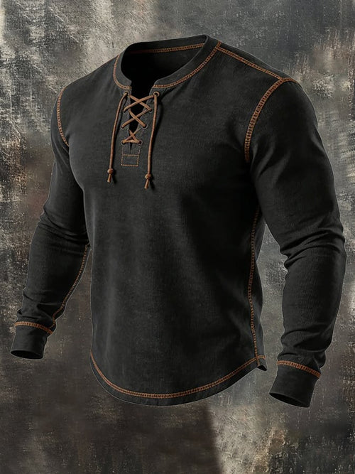 Men'S Vintage Lace-Up Long-Sleeved T-Shirt