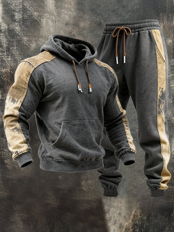 Men's Retro Contrast Color Stitching Hooded Casual Sweatshirt Suit