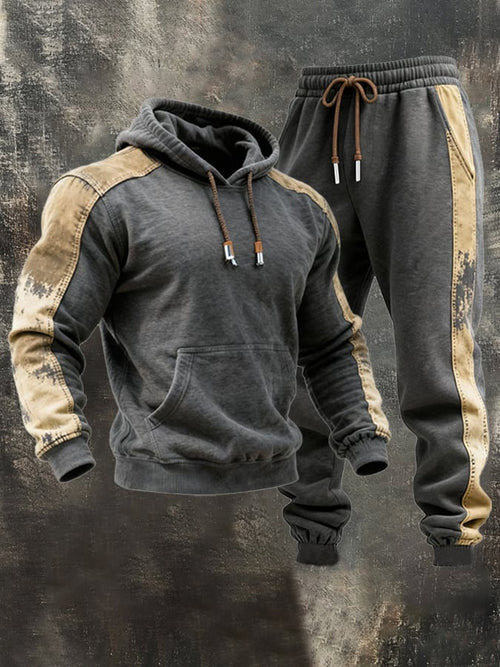 Men's Retro Contrast Color Stitching Hooded Casual Sweatshirt Suit
