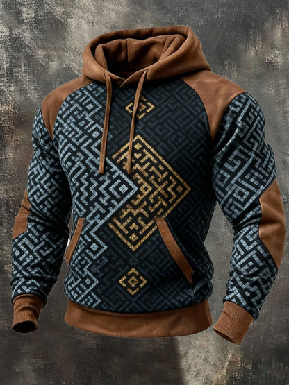 Men's Retro Distressed Color Block Print Casual Long Sleeve Sweatshirt