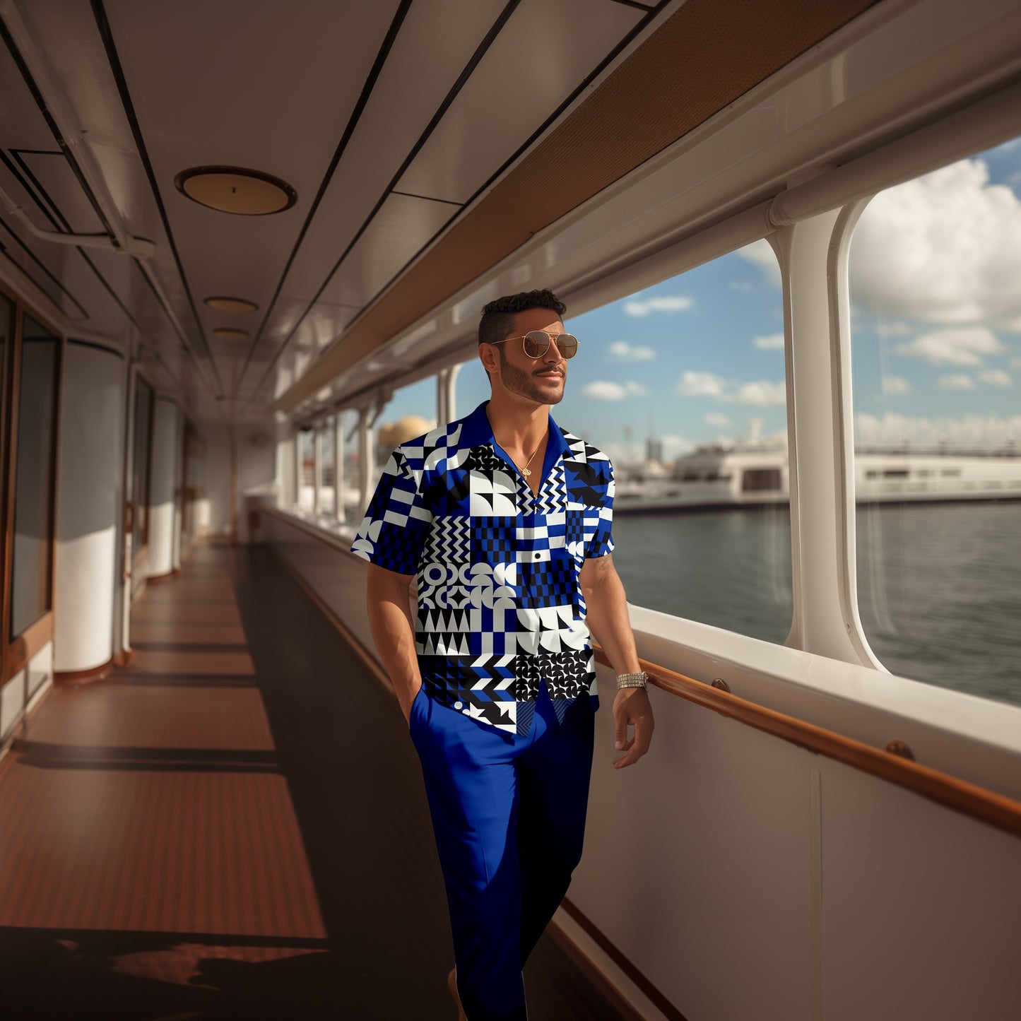 Men's retro colorblock short-sleeved shirt walking Suit 1675