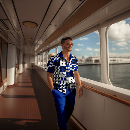 Men's retro colorblock short-sleeved shirt walking Suit 1675