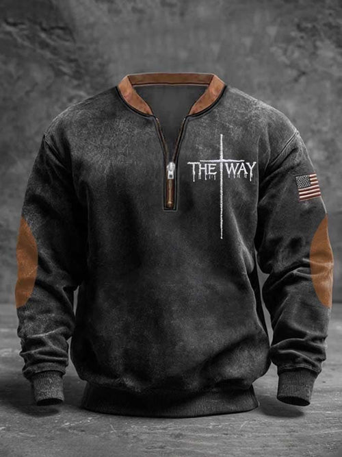 Men's Retro Faith Cross Print Zipper Stand Collar Long Sleeve Sweatshirt