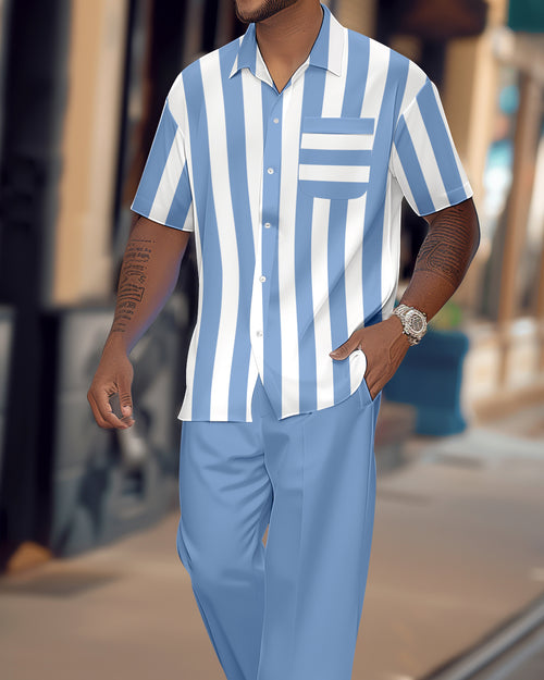 Men's Retro Colorblock Short Sleeve Shirt Walking Suit 1125