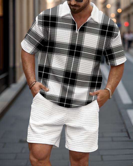 Men's Casual Art Print Waffle Texture Summer Polo Set 071