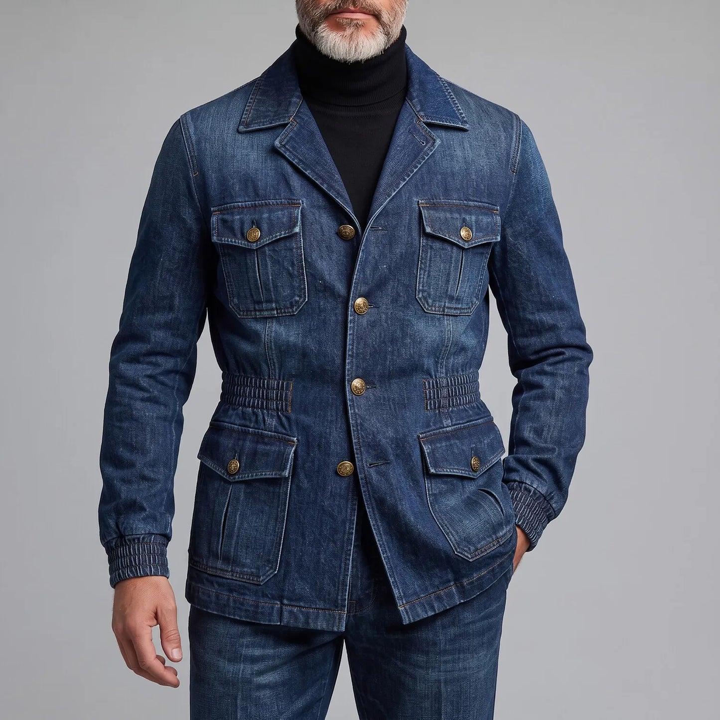 Men's Retro Navy Blue Multi-Pocket Elastic Waist Wash Denim Safari Jacket