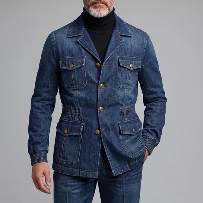 Men's Retro Navy Blue Multi-Pocket Elastic Waist Wash Denim Safari Jacket