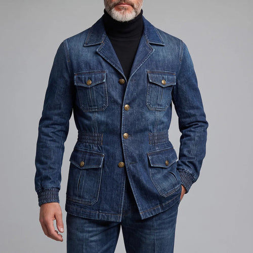 Men's Retro Navy Blue Multi-Pocket Elastic Waist Wash Denim Safari Jacket