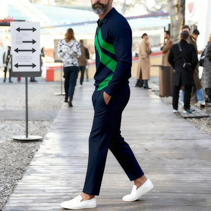 Men's Casual Color Matching Printed Polo-Collar Zipper Long Sleeved Trousers Two-Piece Set