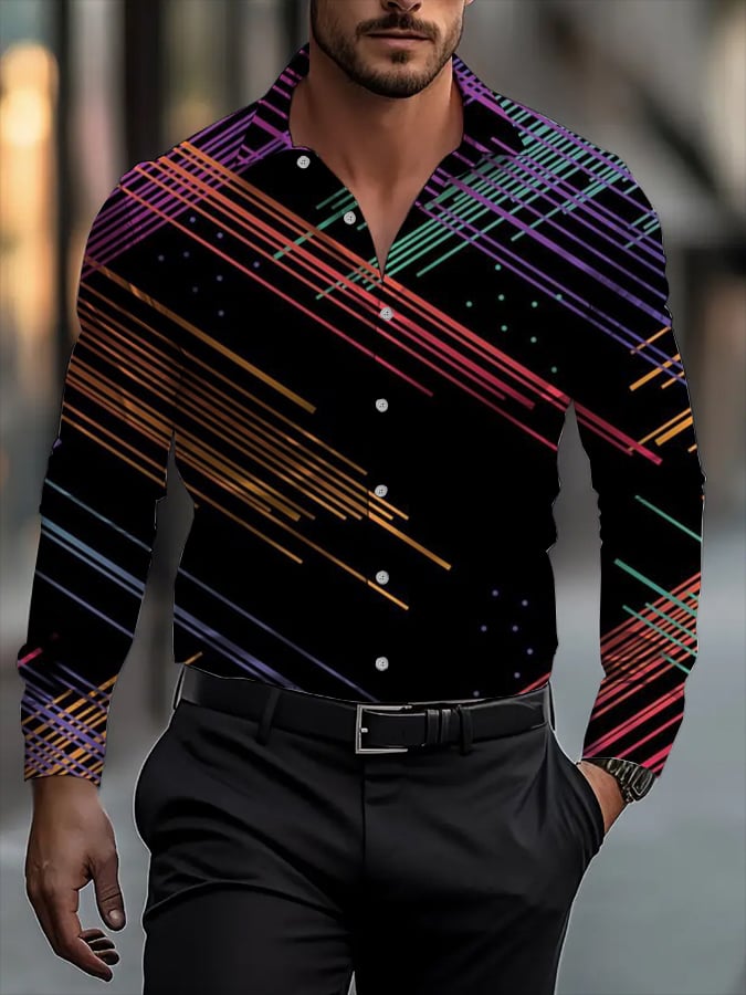 Men's Classic Business Plaid Stripe Print Long Sleeve Shirt