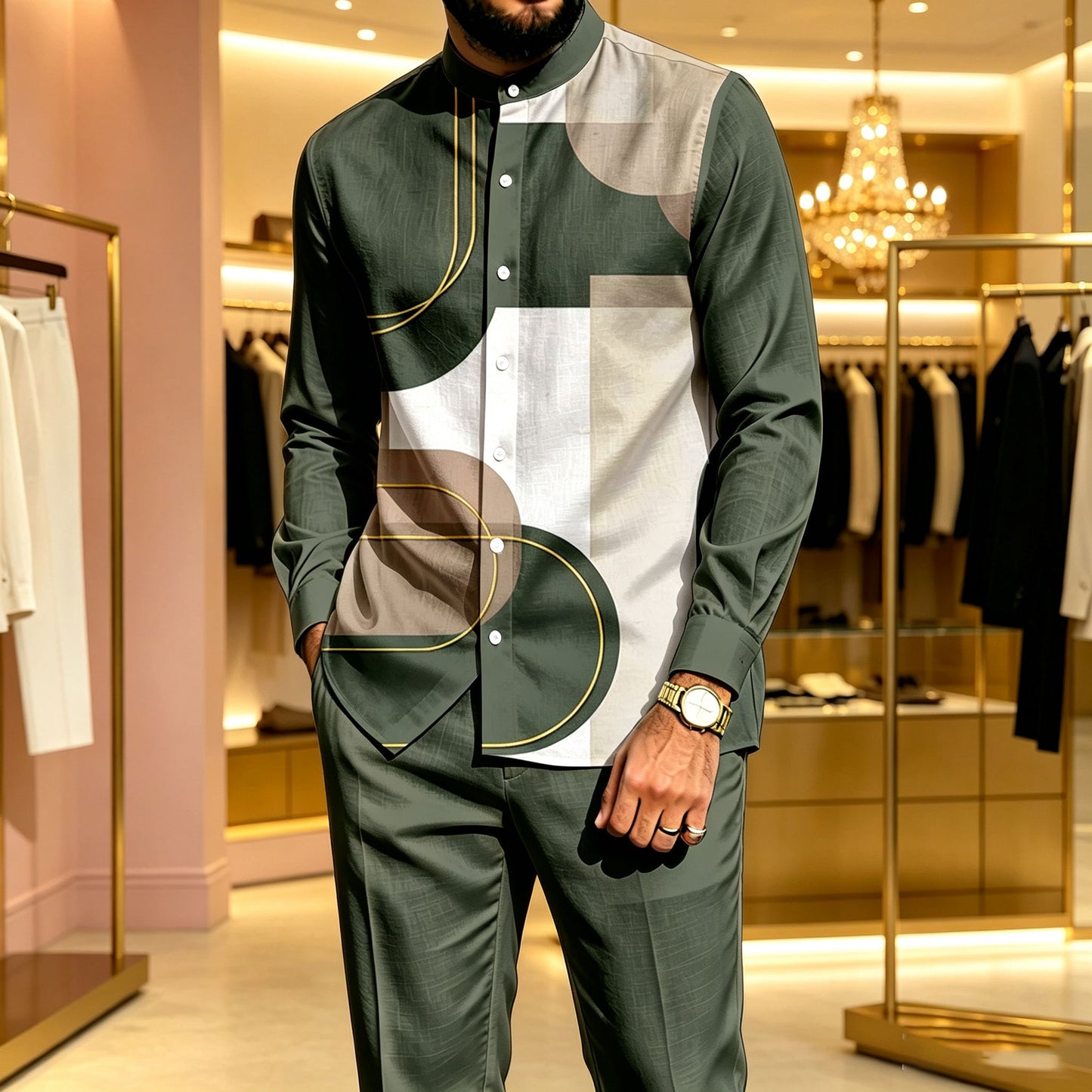 Men's Casual Asymmetrical Color-Block Print Stand-Collar Long-Sleeve Shirt and Pants Two-Piece Set