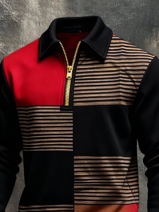 Men'S Vintage Color-Block Printed Zip-Up Sweatshirt