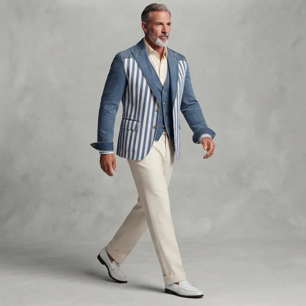 Men's Stylish Contrast Striped Print Peak Lapel Slim Fit Denim Blazers