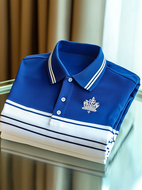 Men's Casual Business Stripe Print Button-Down Short Sleeve Polo Shirt
