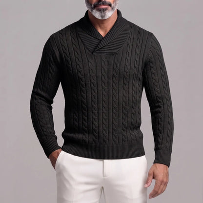 Men's Solid Color Cable Knit Shawl Collar Slim Fit Pullover Sweater