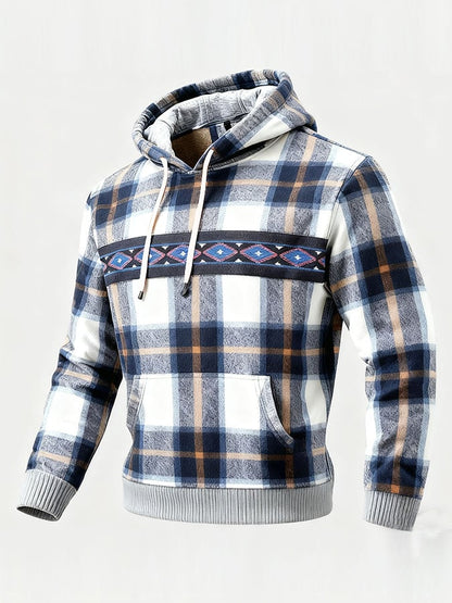 Men's Casual Retro Plaid Print Long Sleeve Hooded Sweatshirt