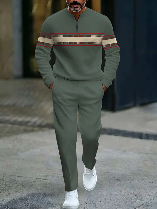 Men's Casual Green & Multicolor Color Matching Checked Pattenr Round-Neck Zipper Long Sleeved Tops & Trousers Two-Piece Set