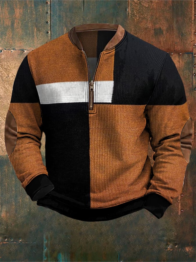 Men's Retro Western Textured Print Zipper Neck Knit Sweatshirt