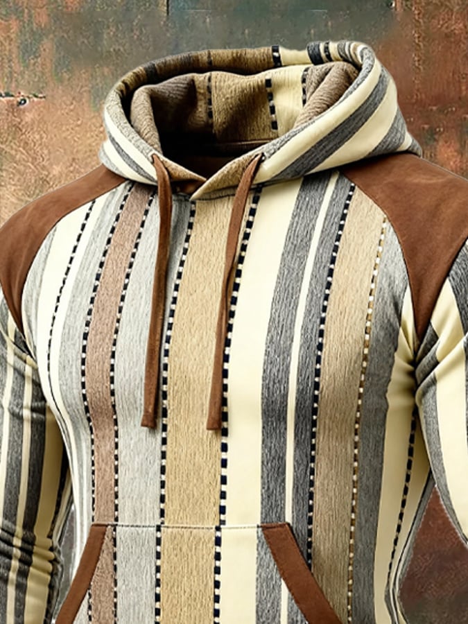 Men's Retro Distressed Color Block Print Casual Long Sleeve Sweatshirt