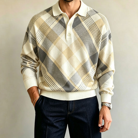 Men's Long-Sleeve Polo Shirt with Diamond Pattern Print