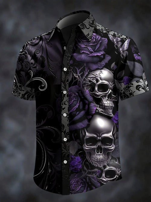 Men's Retro Horror Skull Print Lapel Short Sleeve Shirt