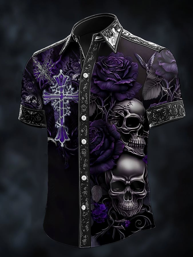 Men's Casual Fashion Dark Pattern Cross Crow Contrast Satin Shirt