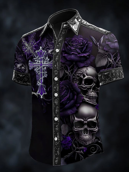 Men's Casual Fashion Dark Pattern Cross Crow Contrast Satin Shirt