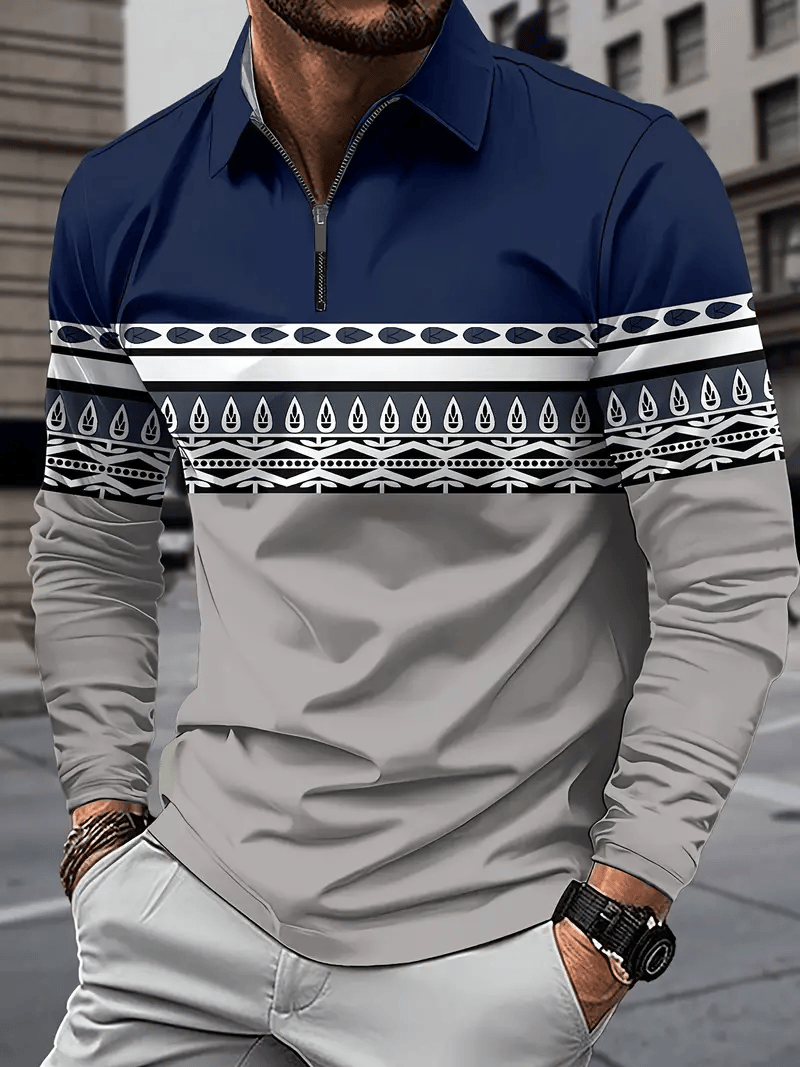Men's Business Classic Stripe Print Zipper Polo Shirt