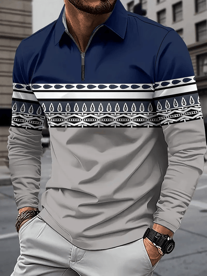 Men's Business Classic Stripe Print Zipper Polo Shirt