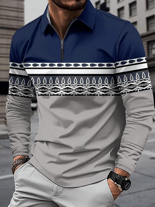 Men's Business Classic Stripe Print Zipper Polo Shirt