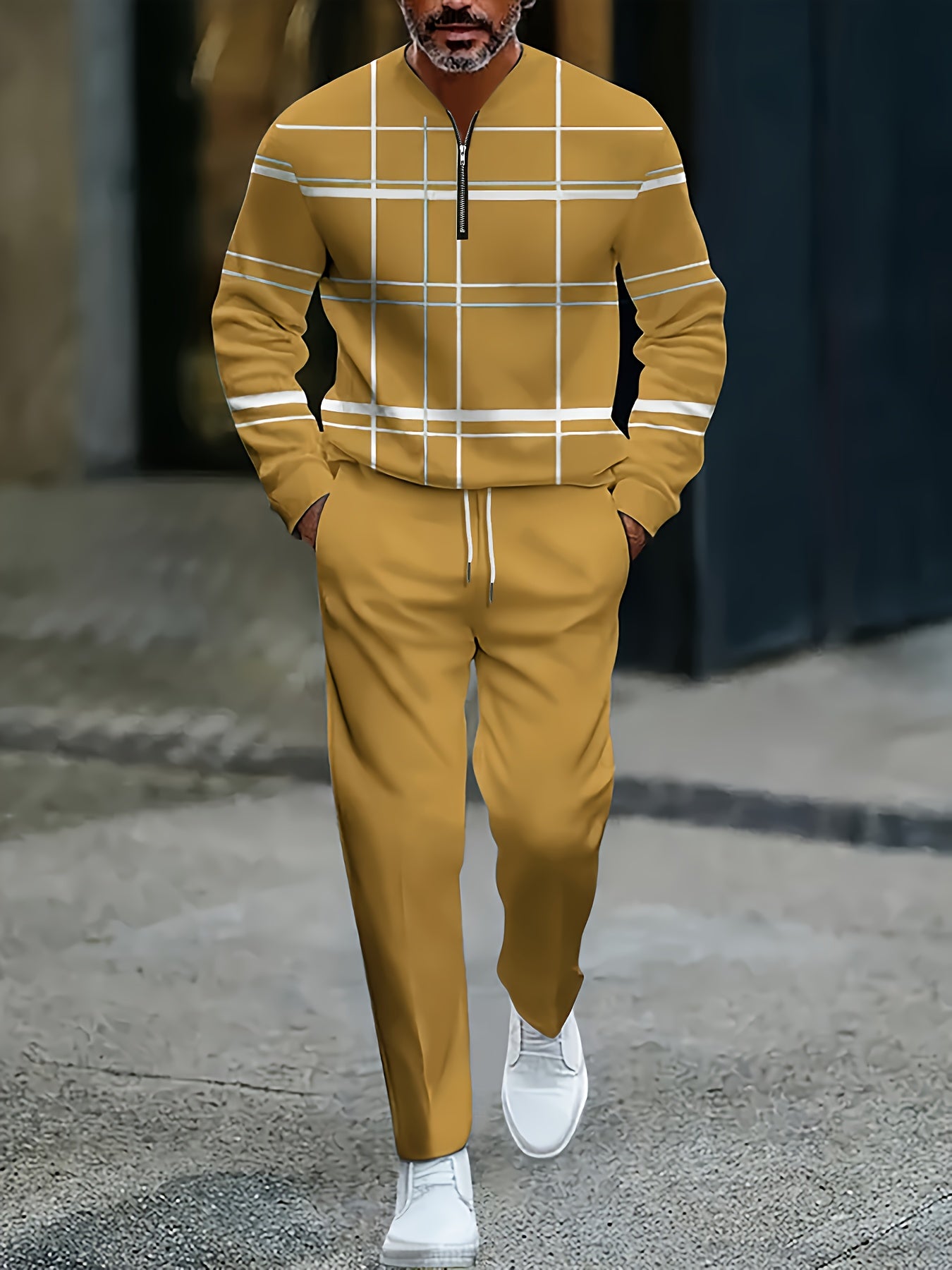 Men's Casual Color Matching Printed Round-Neck Zipper Long Sleeved Trousers Two-Piece Set
