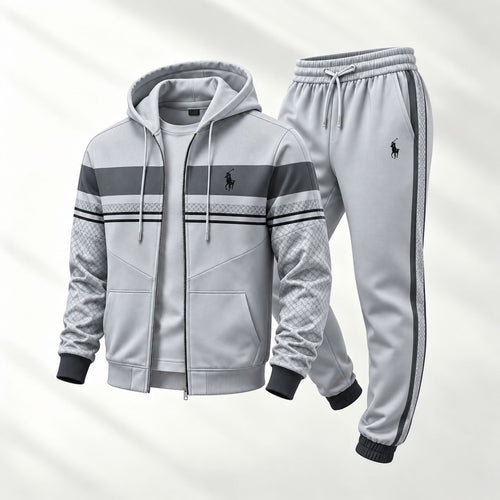 Men's Two-Piece Set: Color-Blocked Printed Hooded Cardigan and Sweatpants