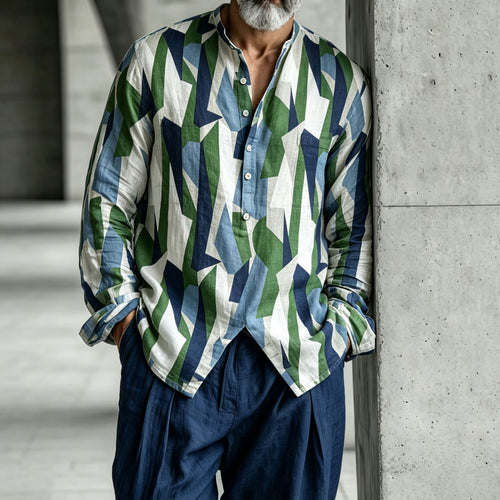 Men's Color-Blocked Stand-Collar Half-Open Henley Shirt and Pants