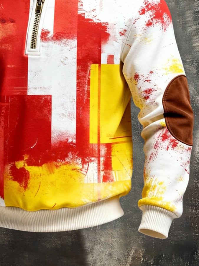 Men'S Vintage Color-Block Printed Zip-Up Sweatshirt