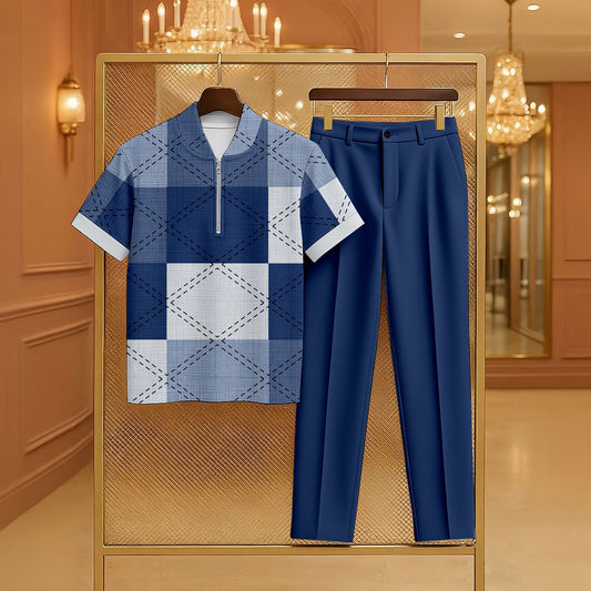 Men's Casual Denim Blue Color Matching Checkered Printed Zipper Short Sleeved Polo Shirt & Trousers Two-Piece Set