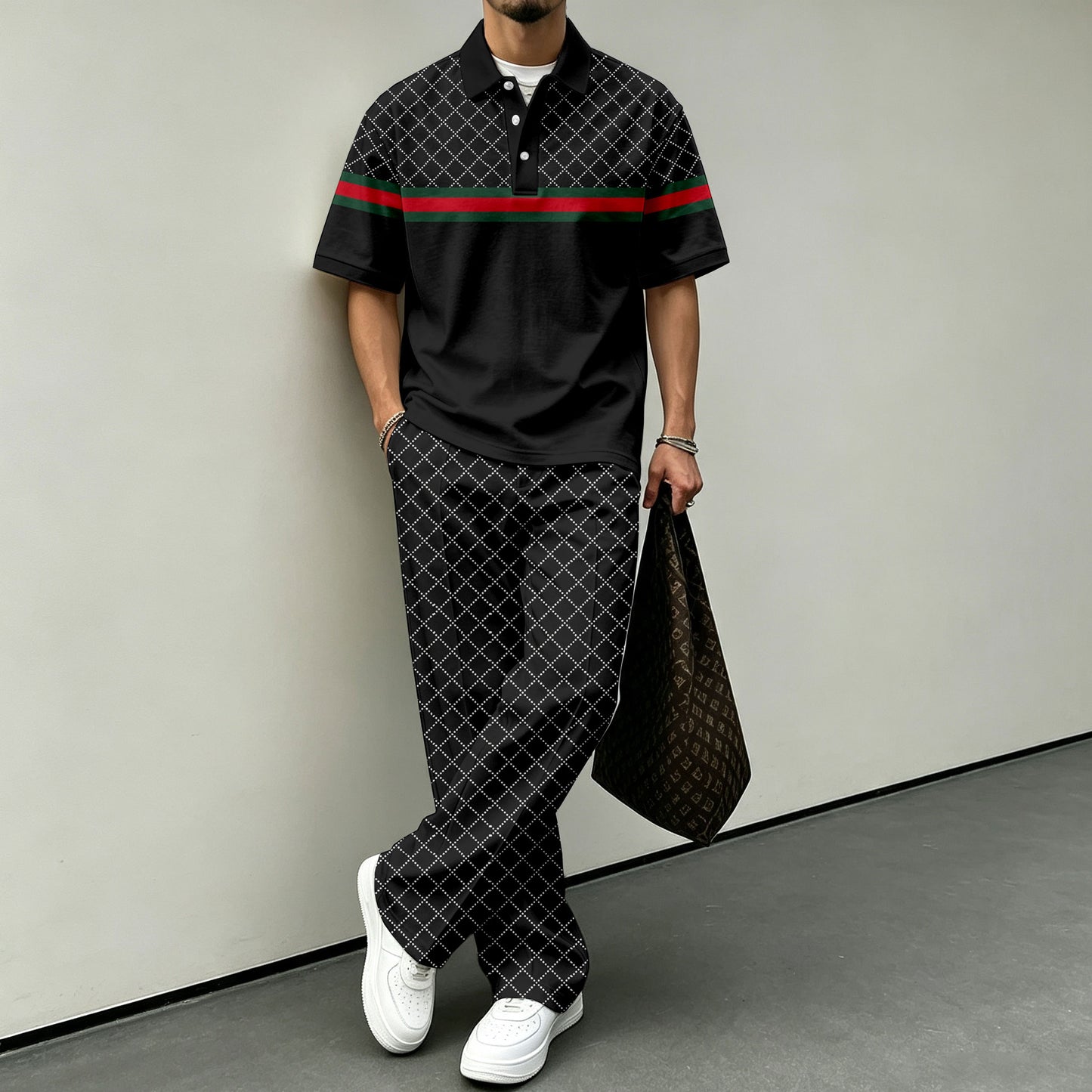 Men's Black Diamond-Quilted Short-Sleeve Polo Shirt and Pants Set