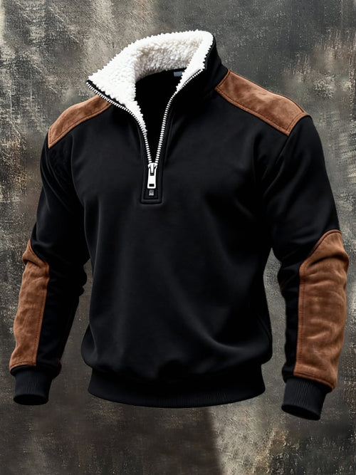 Men'S Vintage Style Color-Block Half-Zip Sweatshirt With Fur Collar And Long Sleeves.