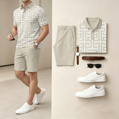 Men's Casual Beige Geometric Pattern Polo Shirt & Shorts Two-Piece Set