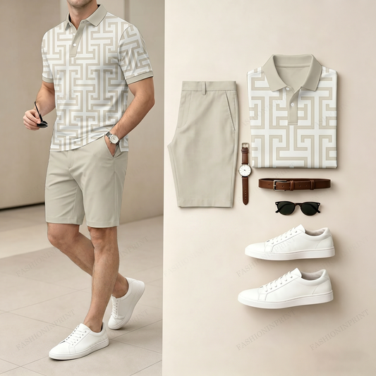 Men's Casual Beige Geometric Pattern Polo Shirt & Shorts Two-Piece Set