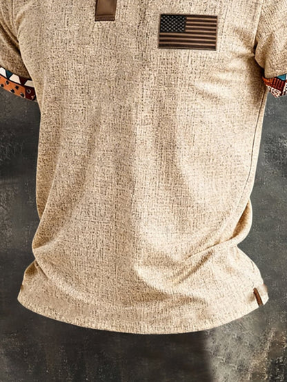 Men'S Retro Color-Block "Patriot" Polo-Collar Casual Cotton-Linen T-Shirt
