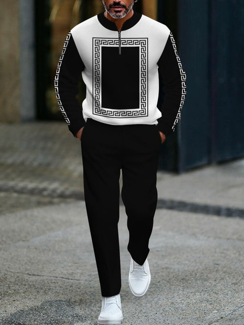 Men's Casual Black & White Color Matching Baroque Style Printed Round-Neck Zipper Long Sleeved Sweatshirt & Trousers Two-Piece Set