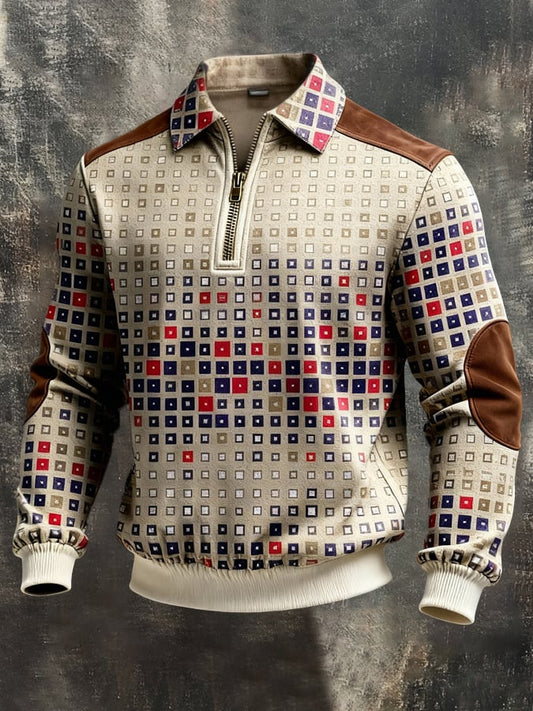 Men's Retro Color Block Print Color-Blocked Zip-Up Sweatshirt