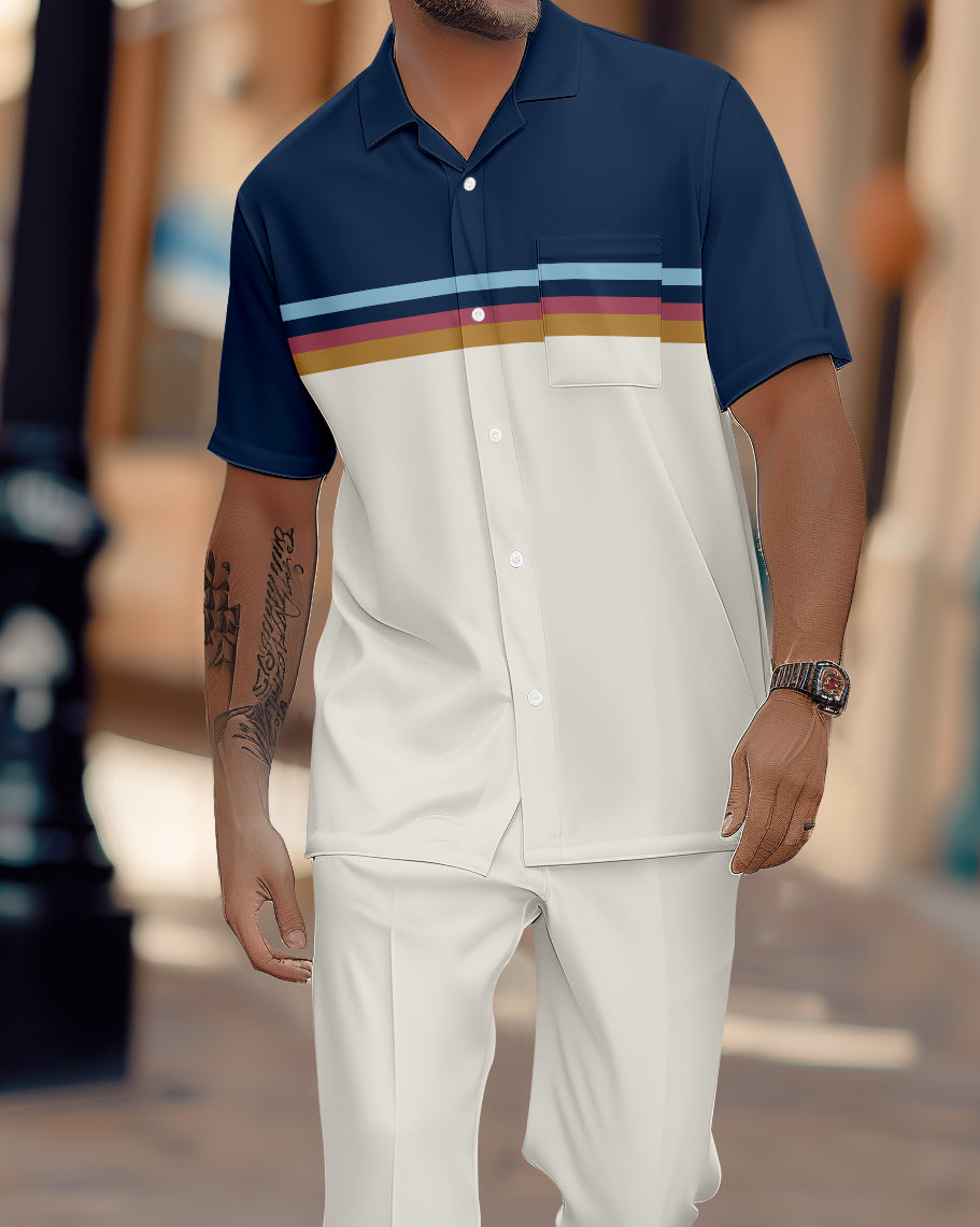 Men's retro colorblock printed short-sleeved shirt walking Suit 1078