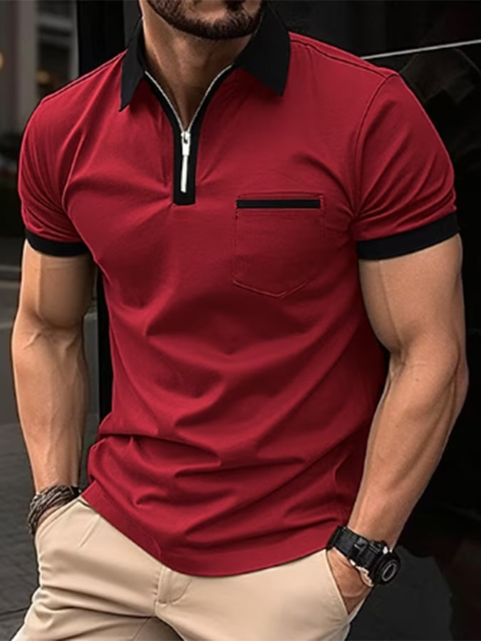 Color-Block Geometric Print Lapel Zipper Pullover Casual Polo Shirt