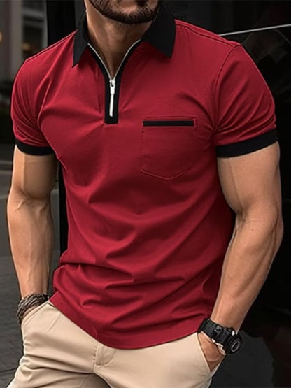 Color-Block Geometric Print Lapel Zipper Pullover Casual Polo Shirt