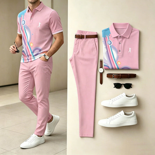 Men's Casual Pink Graffiti Circle Printed Polo Shirt & Pants Two-Piece Set