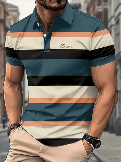Men's Business Stripe Logo Button-Down Short Sleeve Polo Shirt